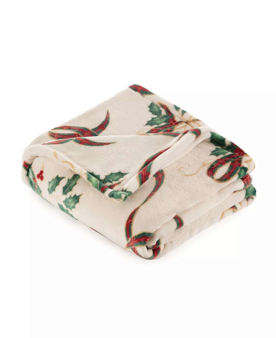 Blankets & Throws * | Lenox Holiday Ribbon Throw, 50 X 60 Cream