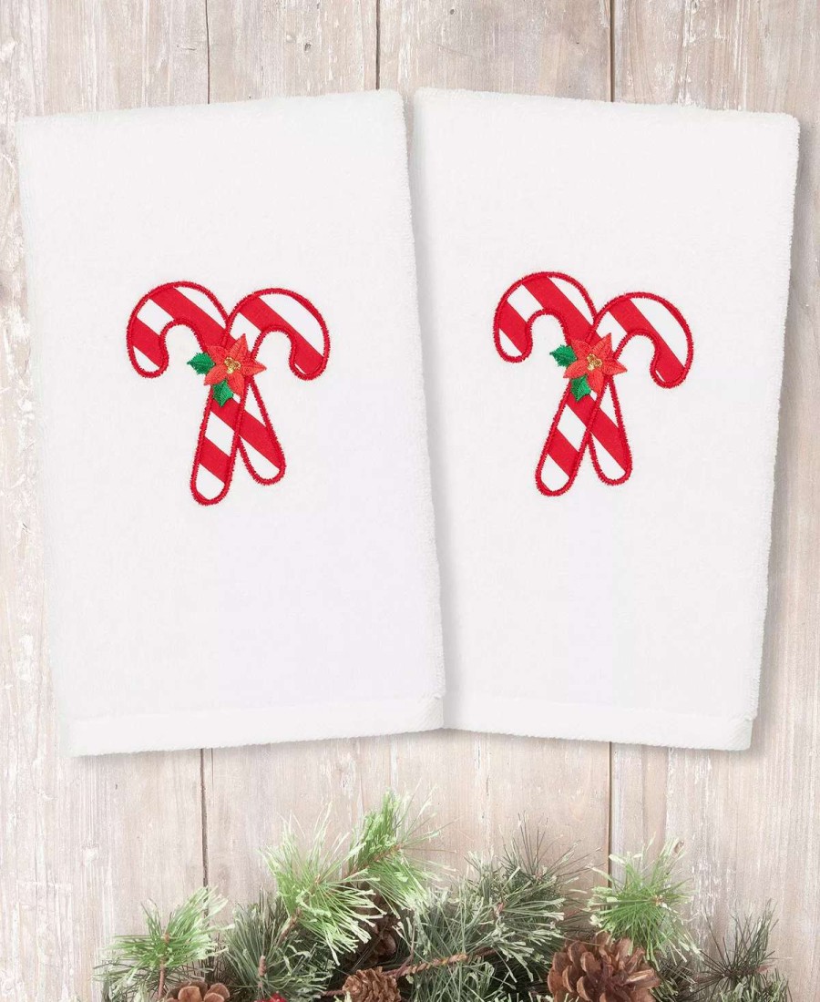 Bath Towels * | Linum Home Christmas Candy Canes Embroidered 100% Turkish Cotton Hand Towels