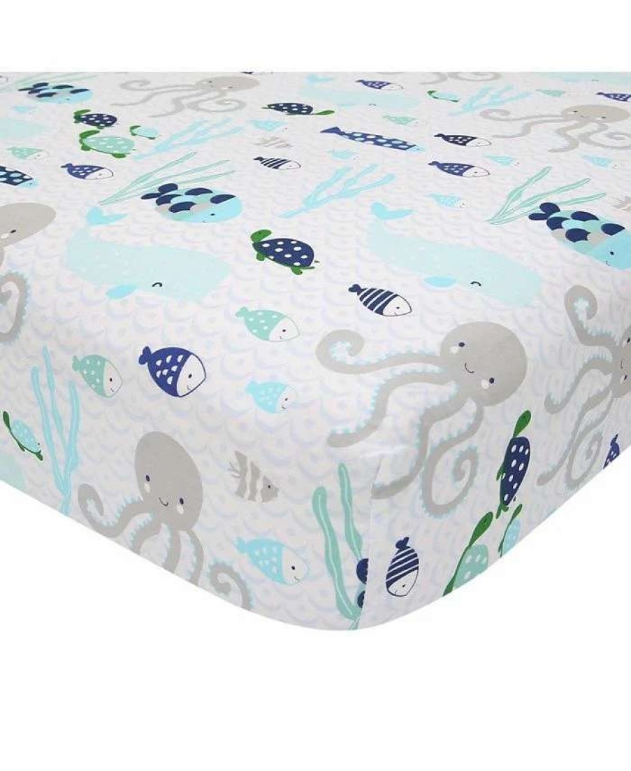 Sheets & Pillowcases * | Lambs & Ivy Oceania 100% Cotton /Gray/White Whale With Octopus And Fish Nautical Ocean Theme Fitted Crib Sheet Blue