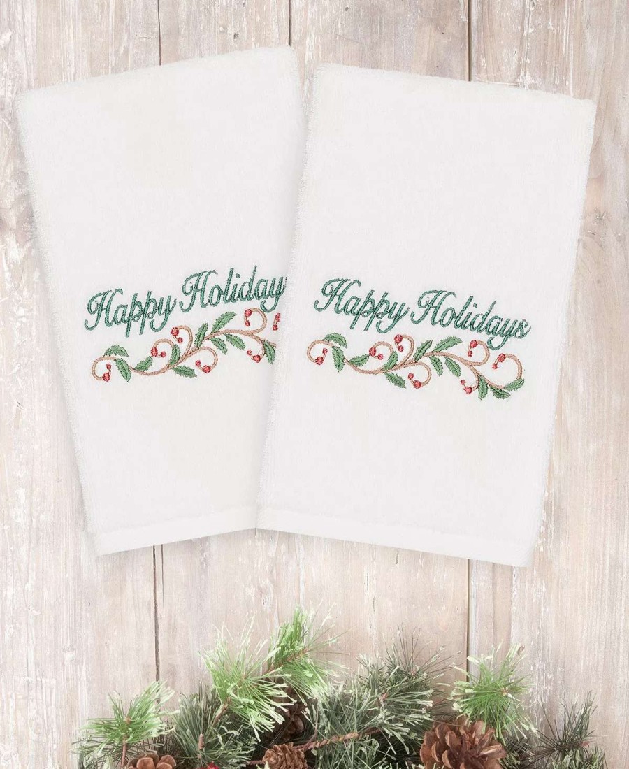 Bath Towels * | Linum Home Christmas Happy Holidays 100% Turkish Cotton 2-Pc. Hand Towel Set