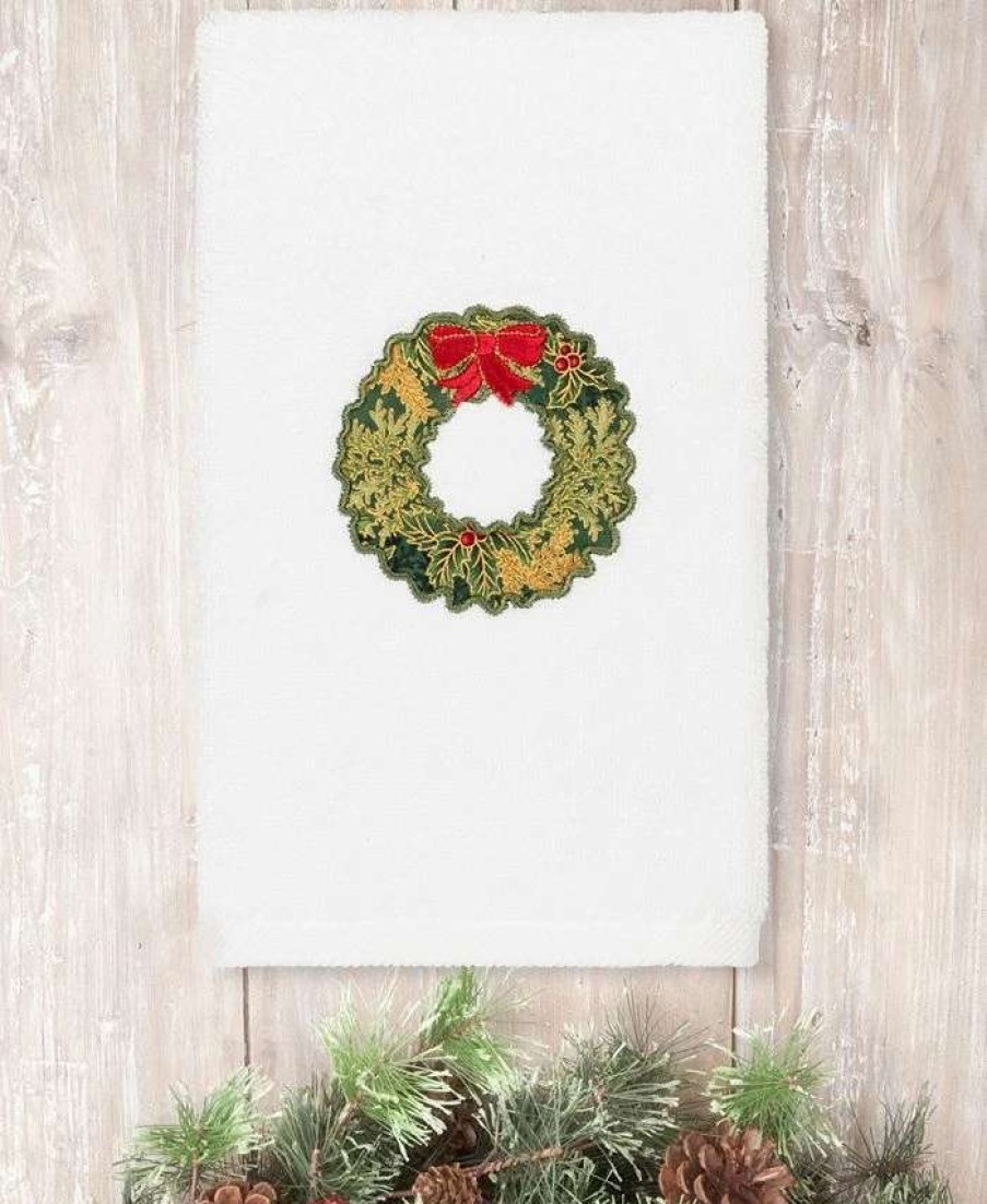 Bath Towels * | Linum Home Christmas Wreath Embroidered 100% Turkish Cotton Hand Towel