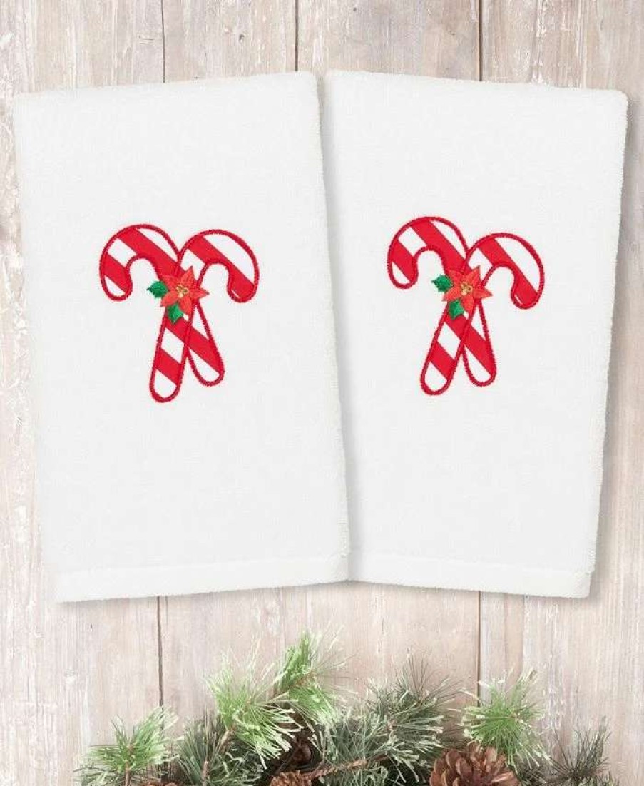 Bath Towels * | Linum Home Christmas Candy Canes Embroidered 100% Turkish Cotton 2-Pc. Hand Towel Set