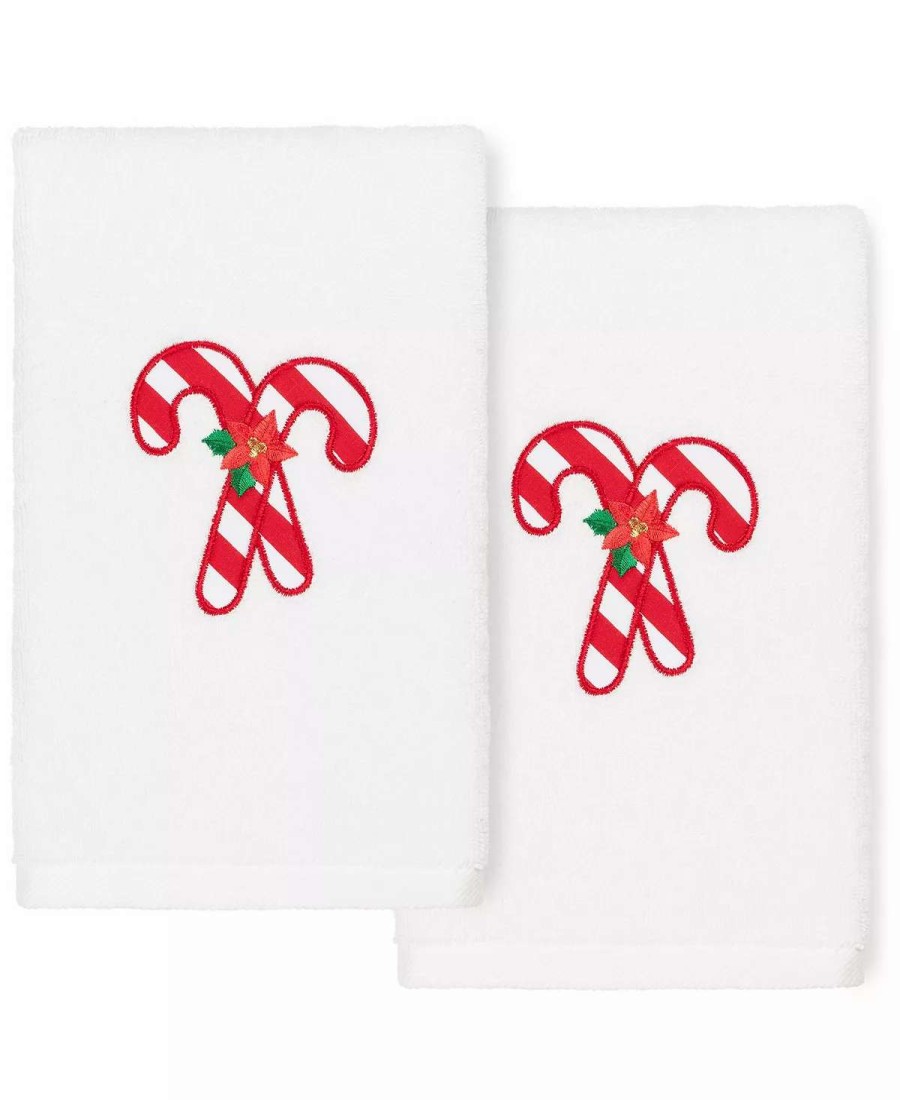 Bath Towels * | Linum Home Christmas Candy Canes Embroidered 100% Turkish Cotton 2-Pc. Hand Towel Set