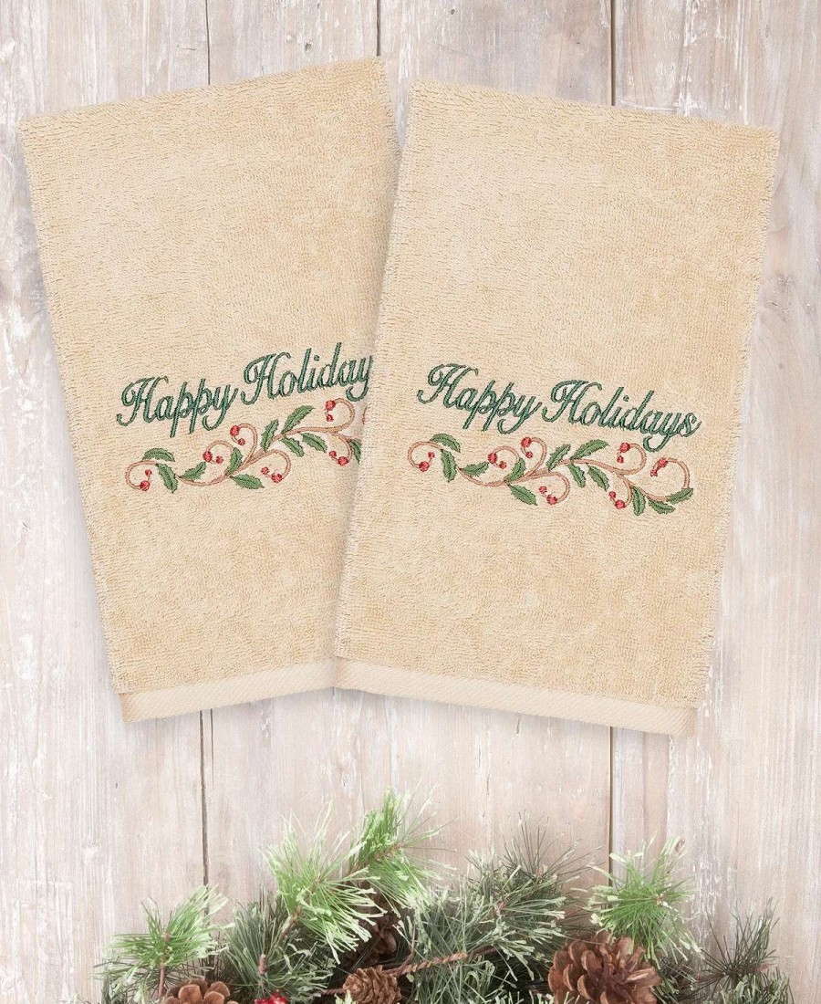 Bath Towels * | Linum Home Christmas Happy Holidays 100% Turkish Cotton Hand Towels