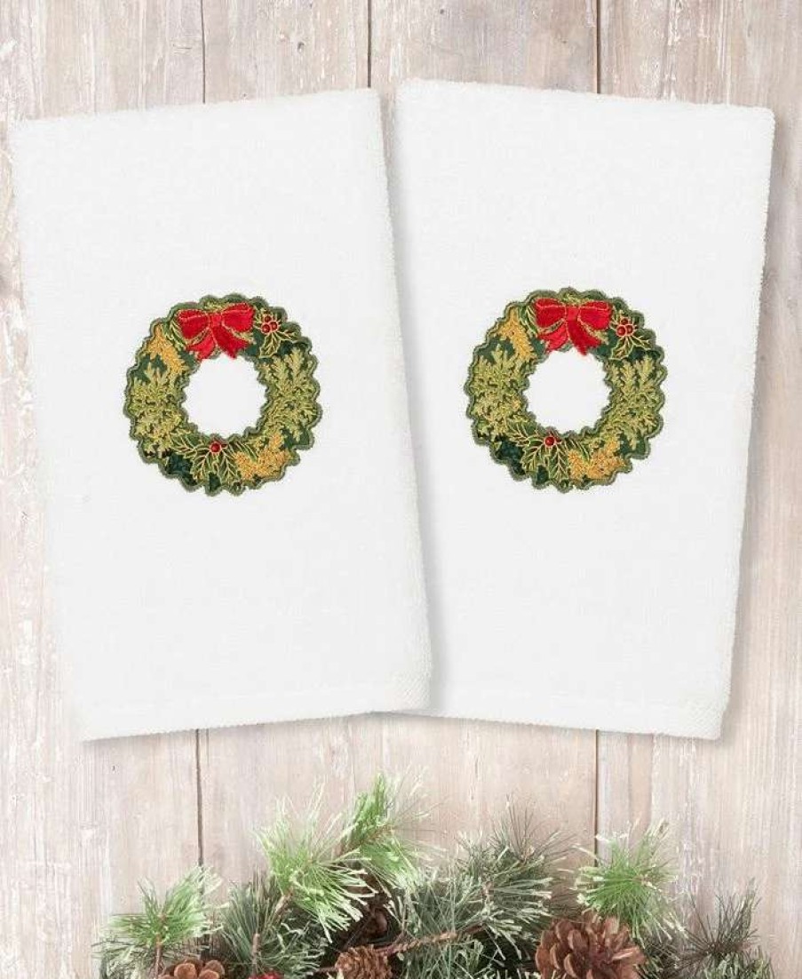 Bath Towels * | Linum Home Christmas Wreath Embroidered 100% Turkish Cotton Hand Towels